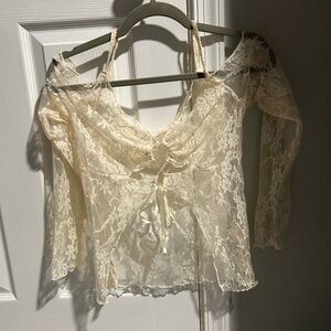 Cream Lace Long Sleeve Cold Shoulder Fairycore Top